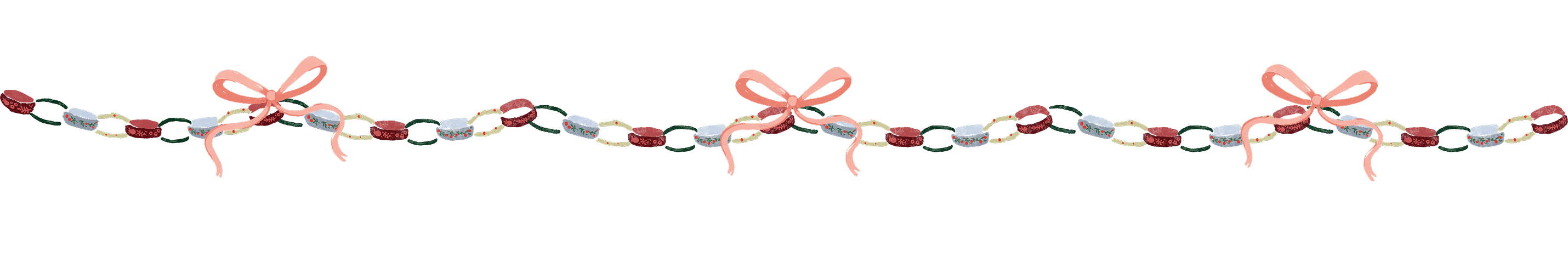 Decorative chain with red, silver, and pink bows